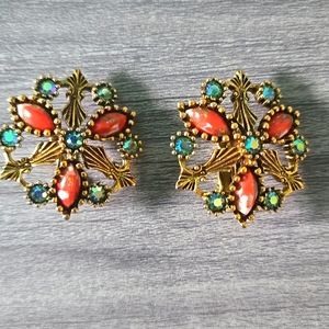 Vintage Caroline Emmons "Persian Treasure" Ornate Clip On Earrings 1960's 60s
